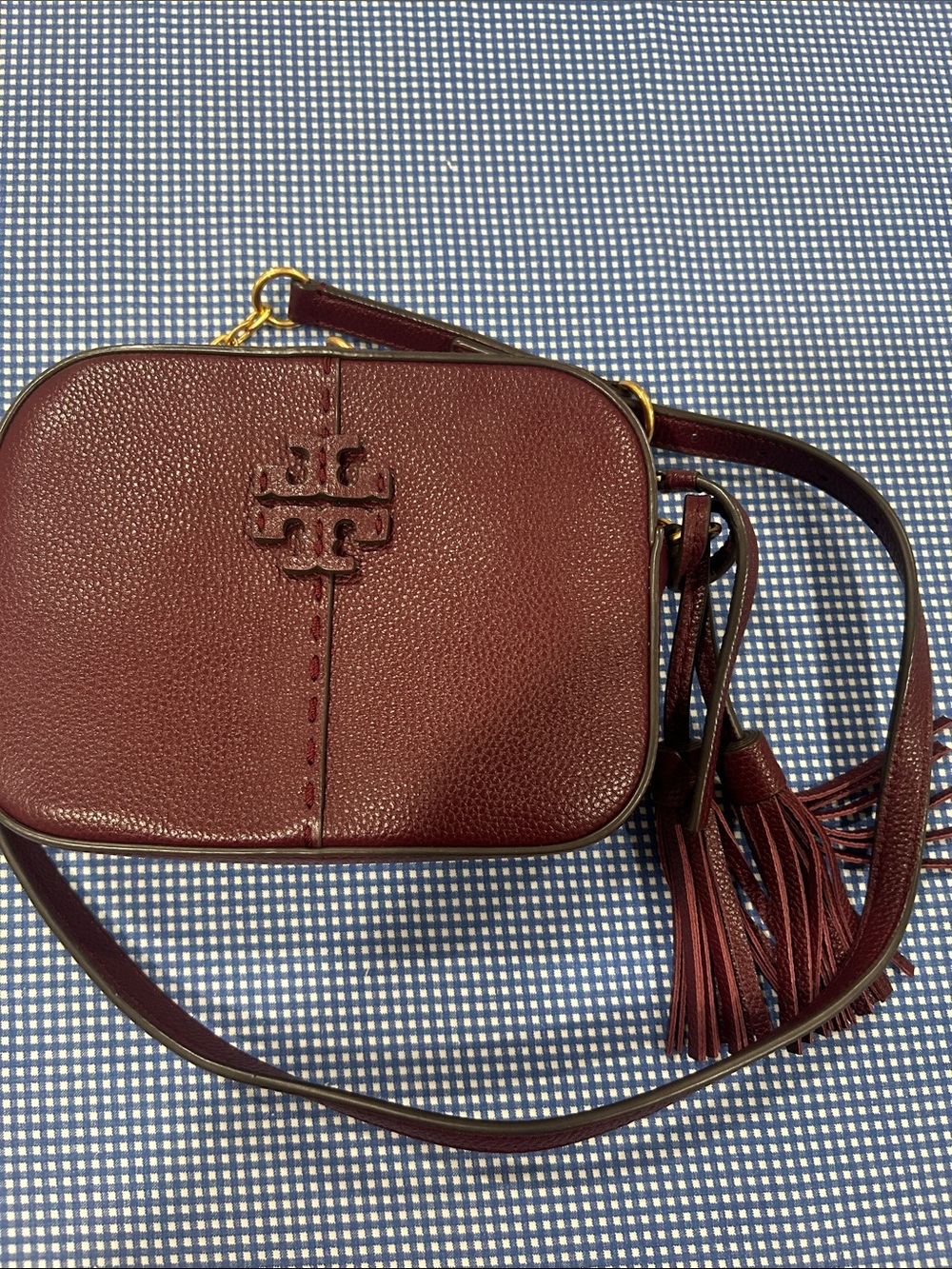 Tory Burch Pebbled Leather McGraw Camera Crossbody in Burgundy with Tassel
